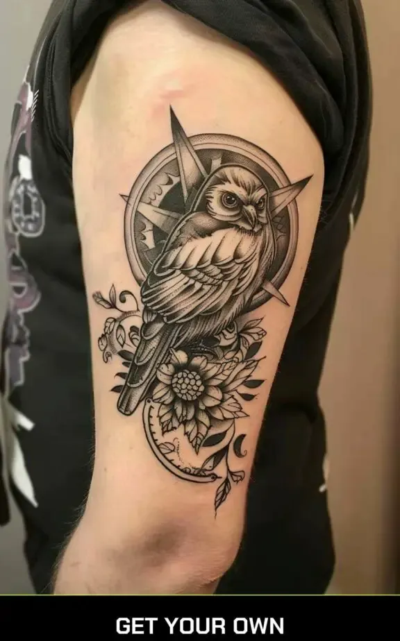 steampunk bird blackwork tattoo