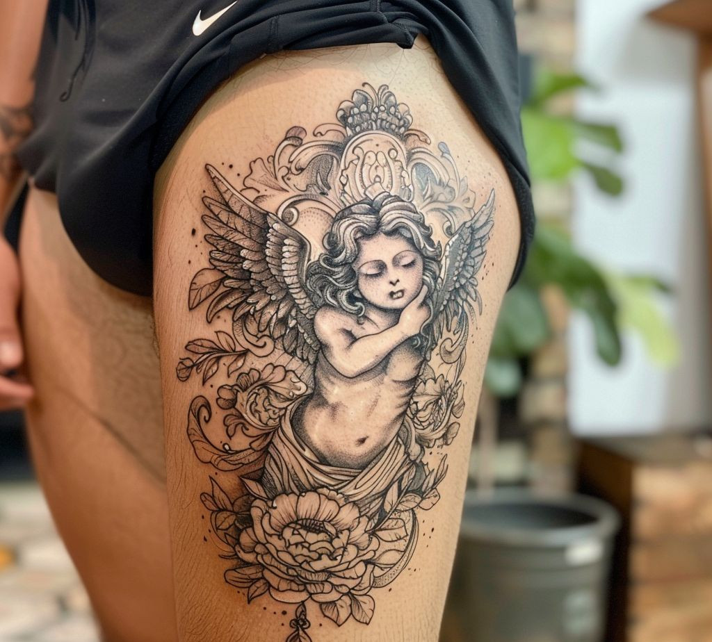 Baby angel tattoo on a guys thigh