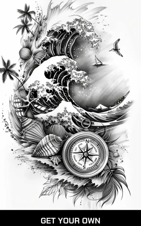 tattoo design for a surfer, vacation ,sea, beach, shells, compass, holiday tattoo design on a white background