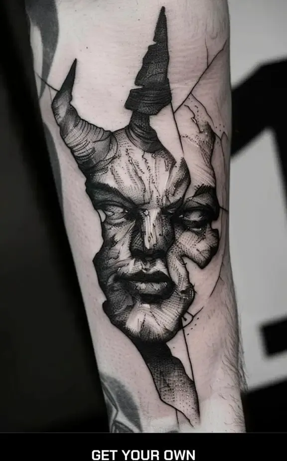 fragmented demon face realistic tattoo 
