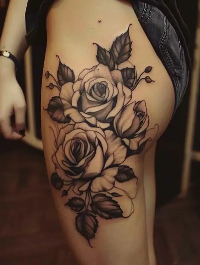 Three large roses are tattooed on the thigh, intricately detailed with petals and shading