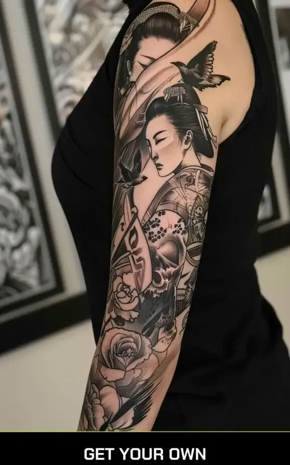 geisha sleeve blackwork tattoo