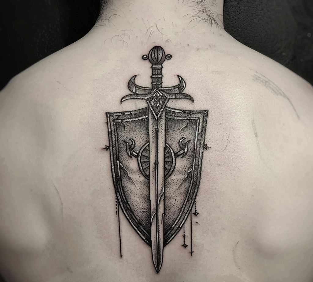 back tattoo of a sword and shield