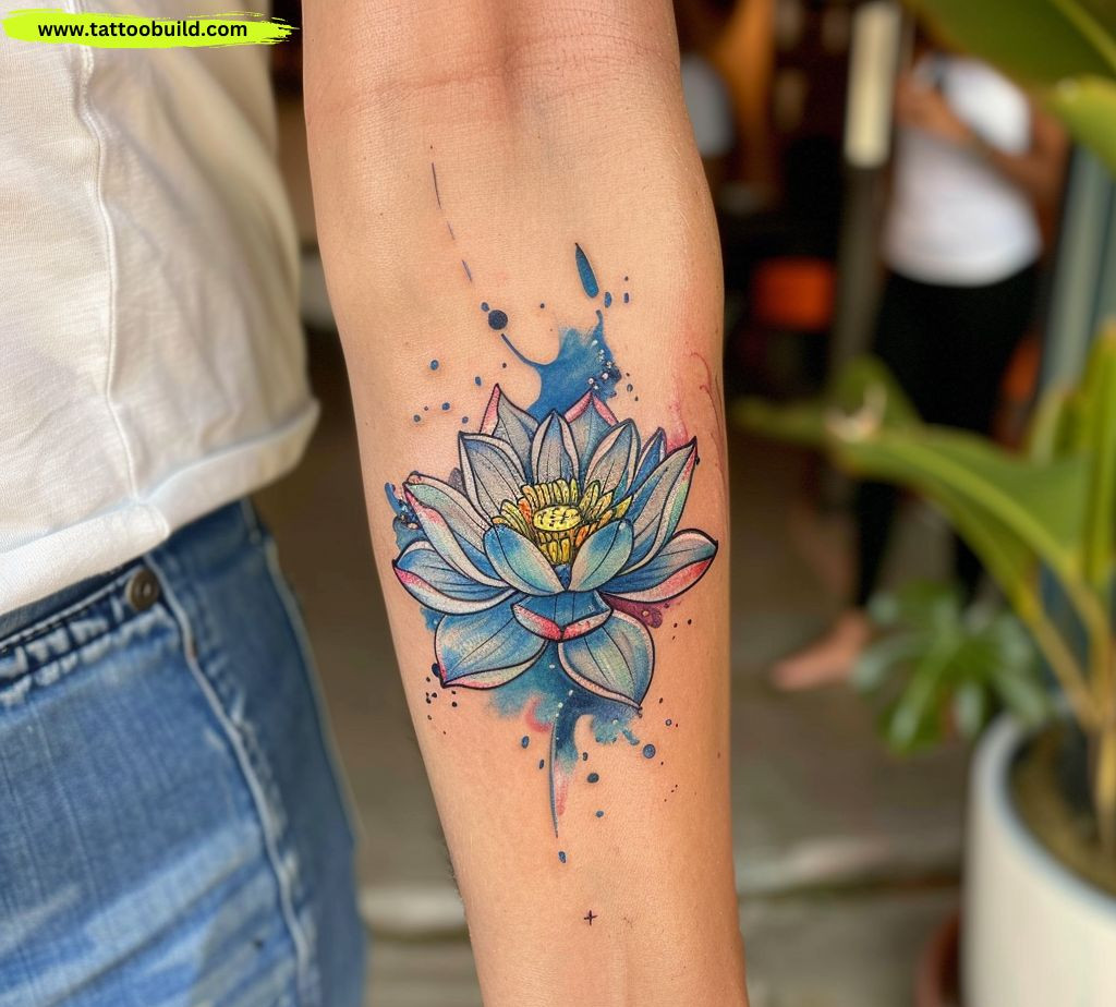 watercolor lotus flower tattoo idea for women
