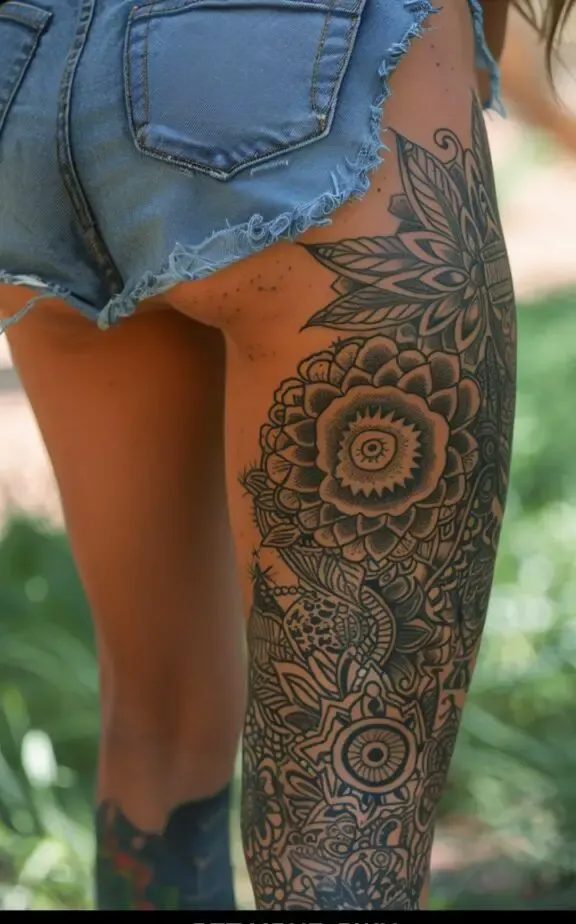 aztec leg tattoo idea for women
