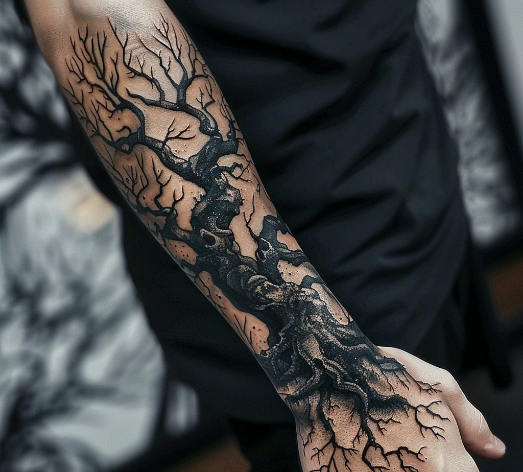 black and white tattoo ideas for men: dead tree