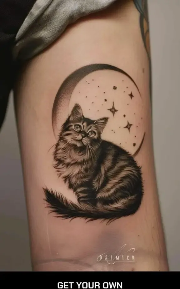 cat and crescent moon tattoo