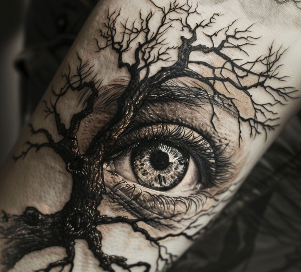 tree and eye tattoo for men