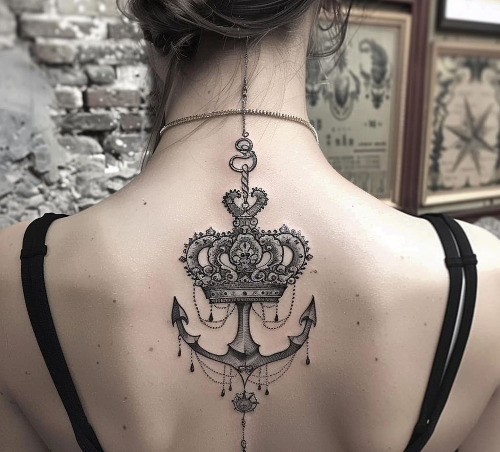 anchor crown tattoo on the back