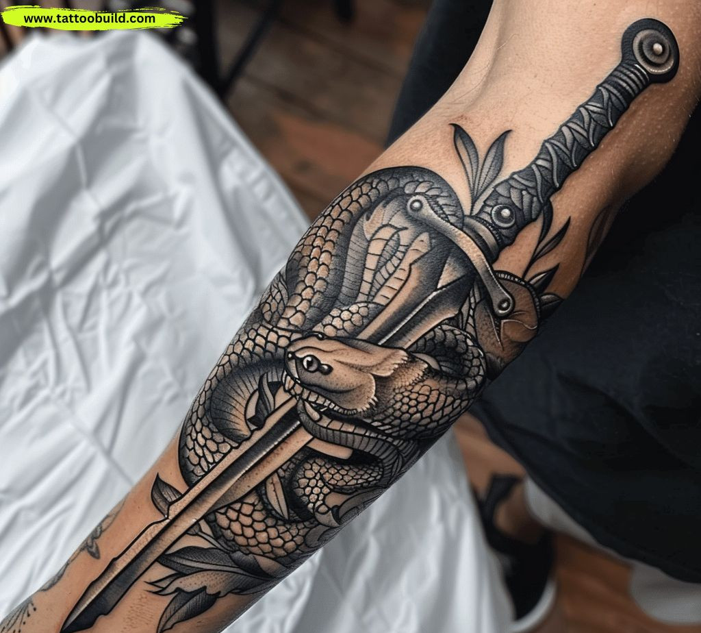 realistic blade arm tattoo