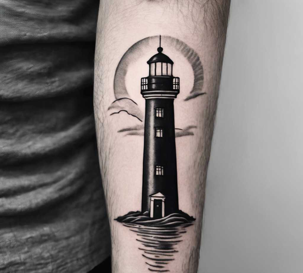 a simple lighthouse tattoo on the arm