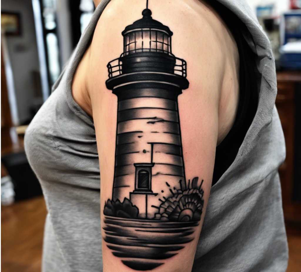 Traditional Lighthouse Tattoo Drawing on the shoulder
