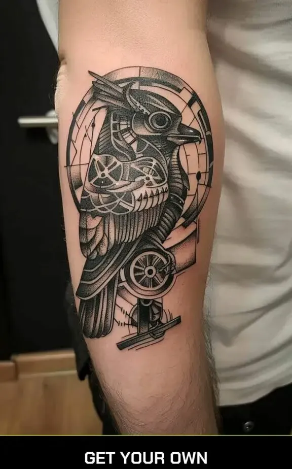steampunk owl blackwork tattoo