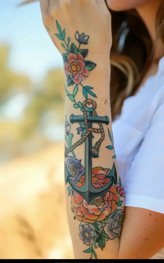 water color anchor and flower tattoo for women