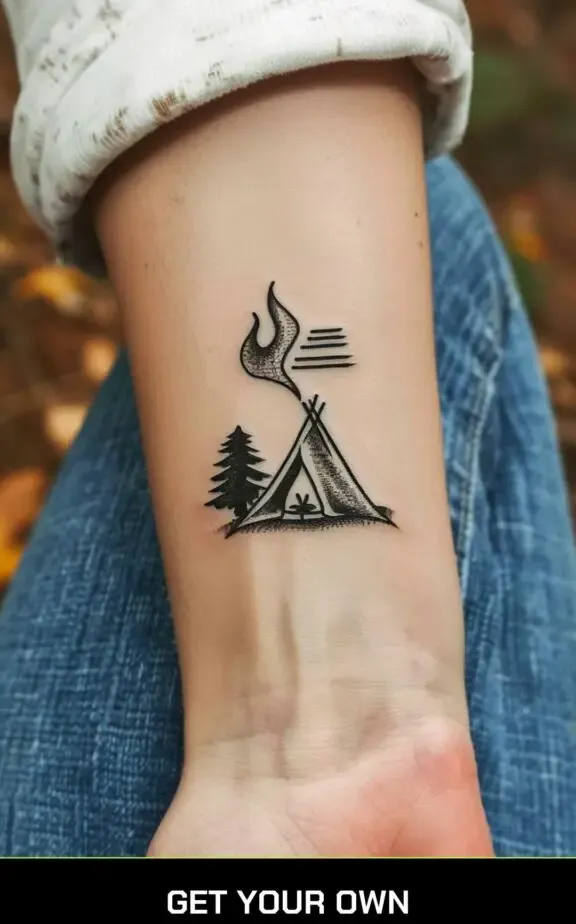 camping tattoo idea: tent and campfire tattoo