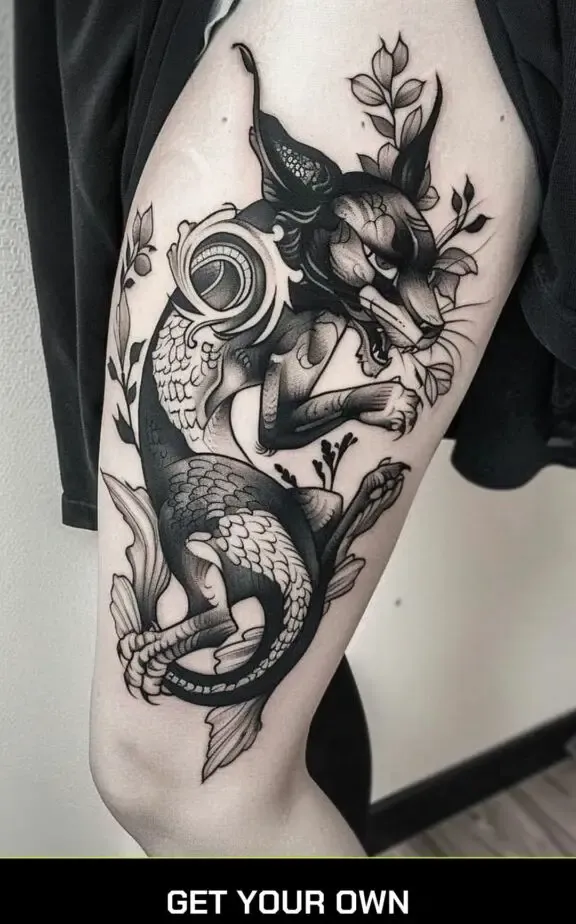 mythical creature black work tattoo idea