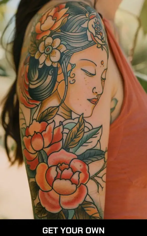 Buddha and Flower Arm Tattoo in Anime Style