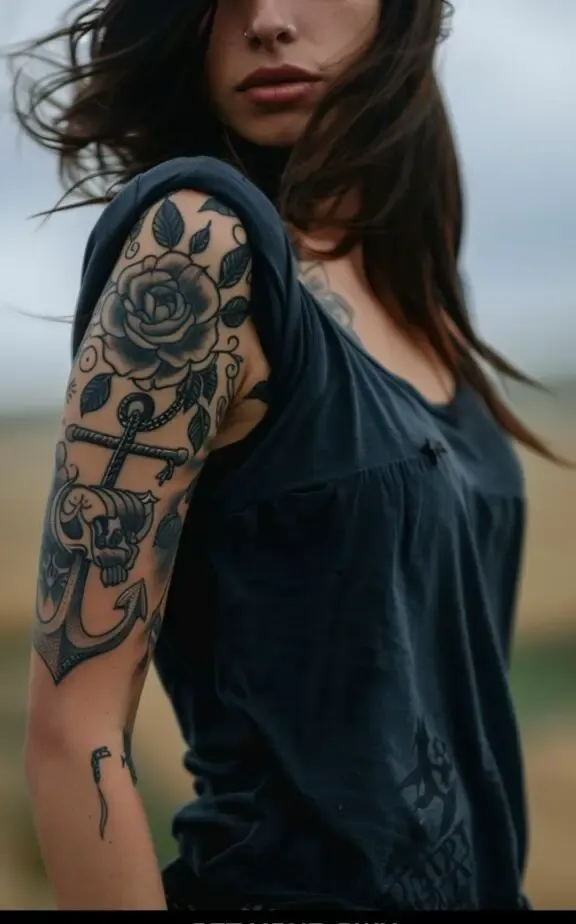 anchor and skull half sleeve tattoo for women