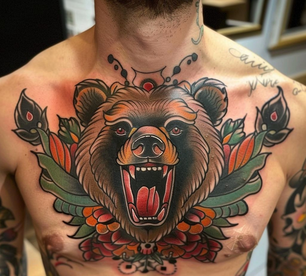 traditional bear tattoo on the chest