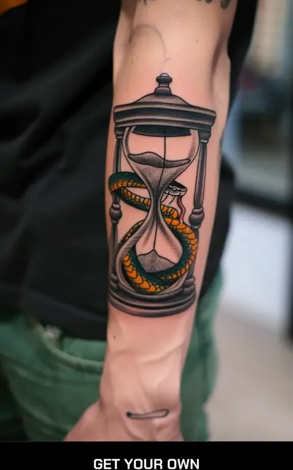 tattoo of and hourglass with a snake curled around it