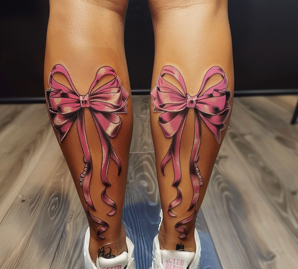 pink bow tattoo on the back of the leg