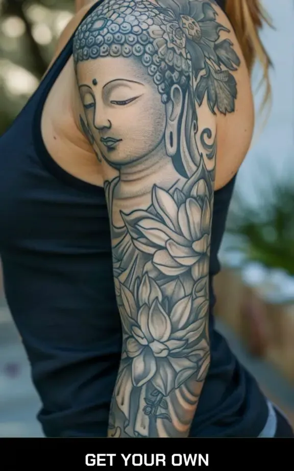 Buddha and Flower Arm Tattoo in Anime Style