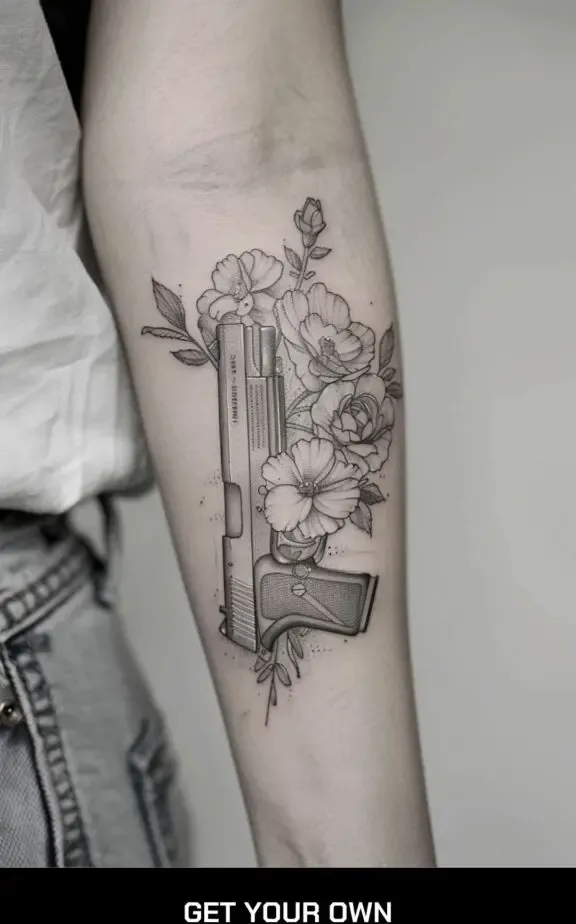 gun and flower tattoo