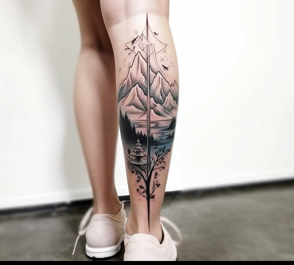 Mountain and tree leg tattoo