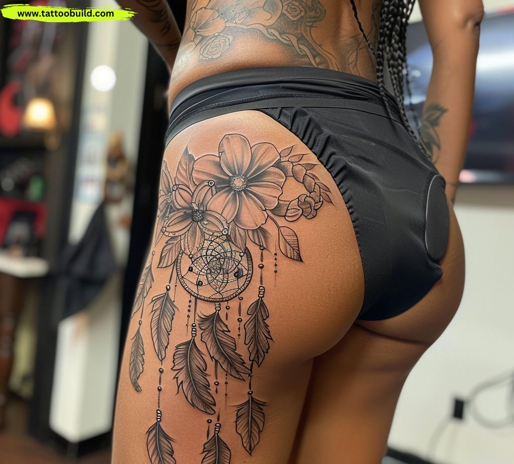 dream catcher hip tattoo for women