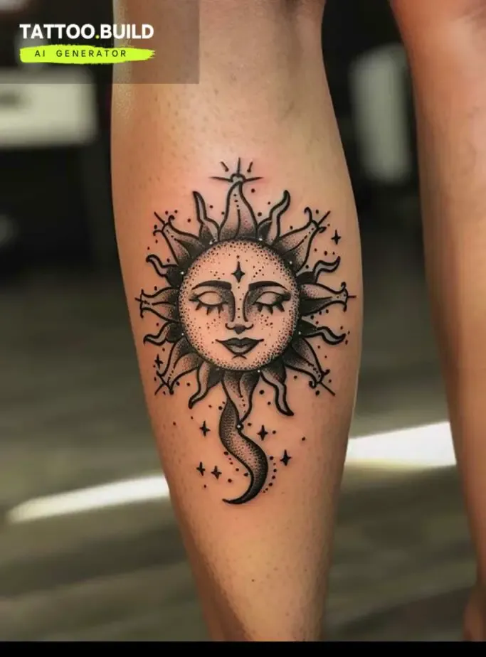 Women's Sun and Moon Calf Tattoo