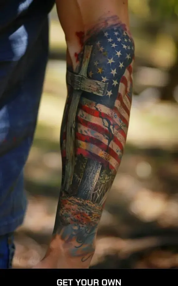 American flag and cross tattoo