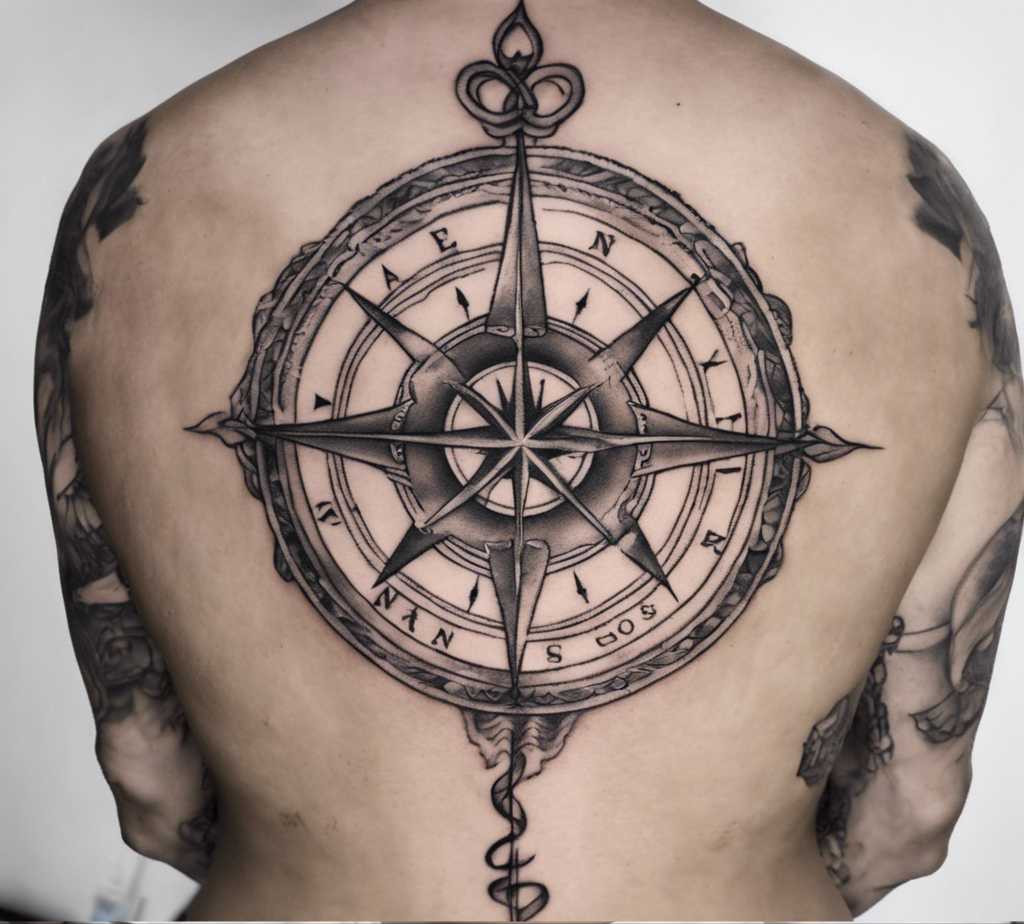 Snake compass tattoo on the back