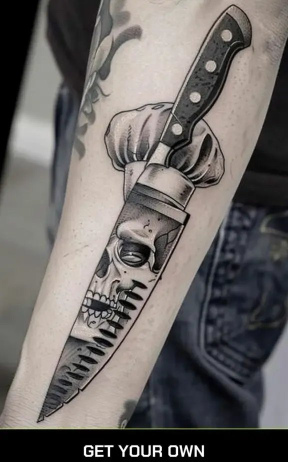 chef tattoo idea of a knife and skull with a chef's hat