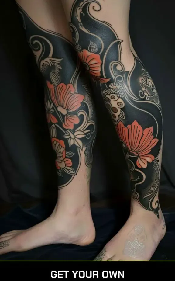 leg sleeve black work tattoo