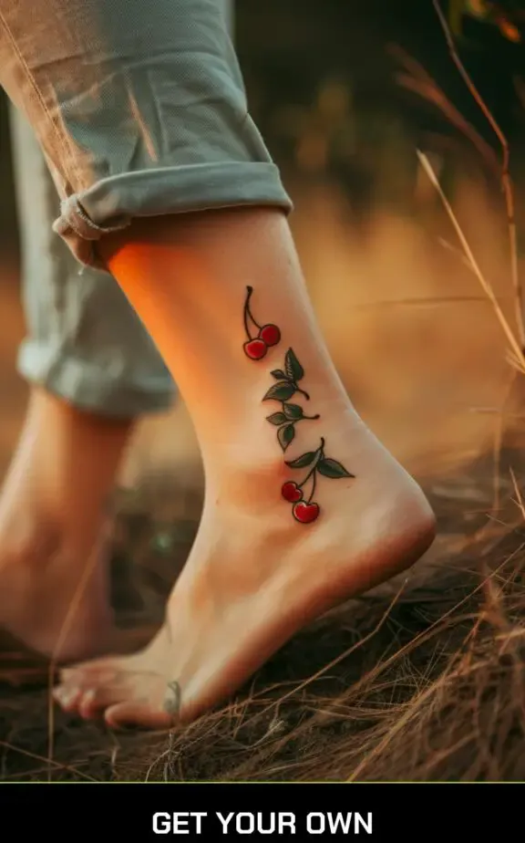 classic cherry tattoo on the ankle