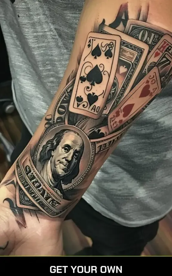 money and cards tattoo design