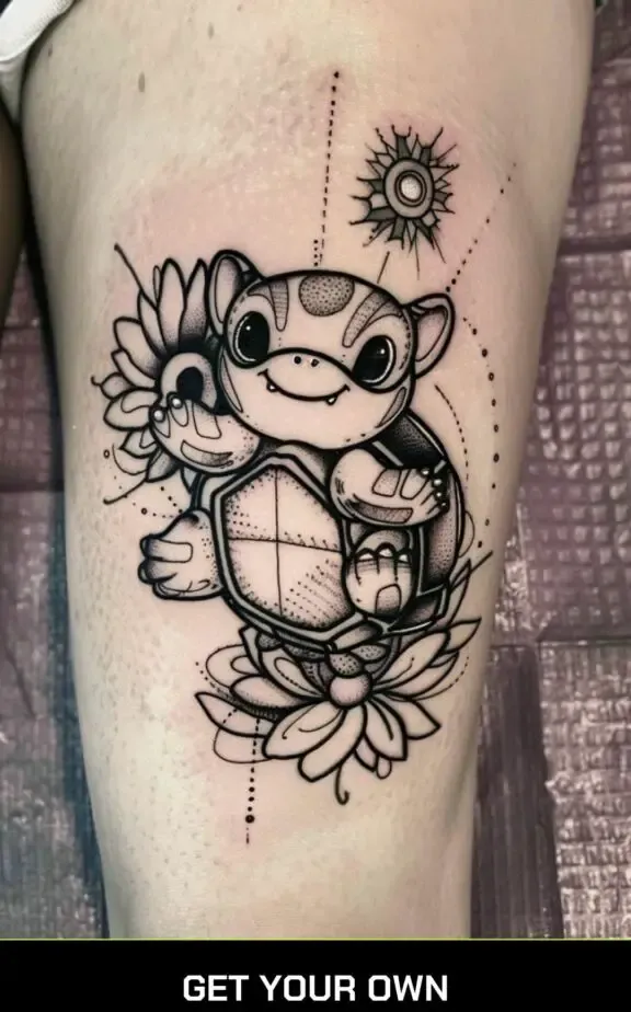 playful tortoise blackwork tattoo design
