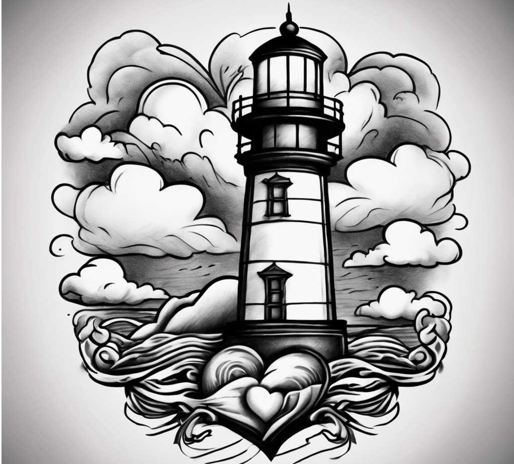 A lighthouse surrounded by clouds tattoo