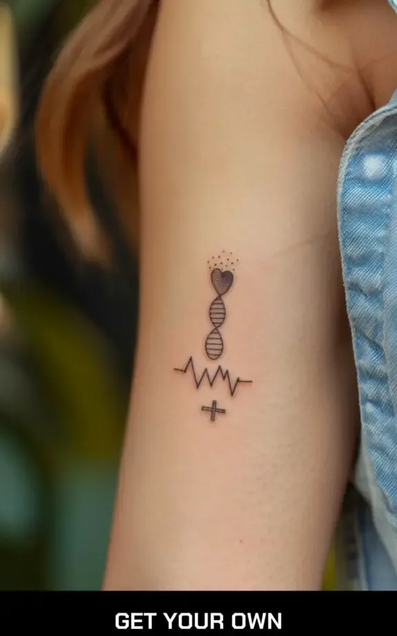 small beautiful tattoo idea for ladies: DNA strand and heart beat tattoo