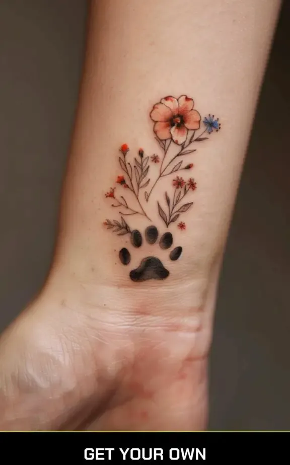cat paw and flower tattoo