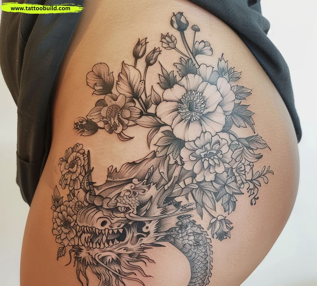 dragon and flower hips tattoo for women
