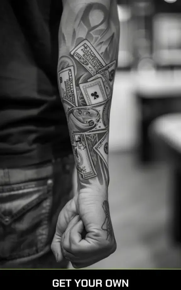money and poker cards sleeve tattoo