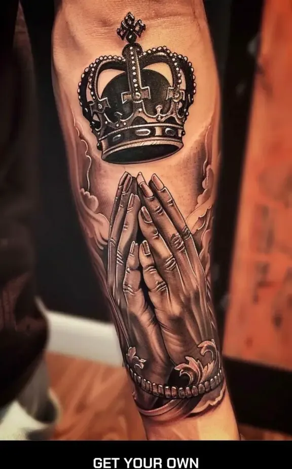 praying hearts with crown tattoo