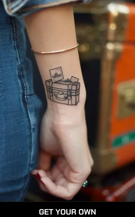 briefcase and post card travel tattoo idea