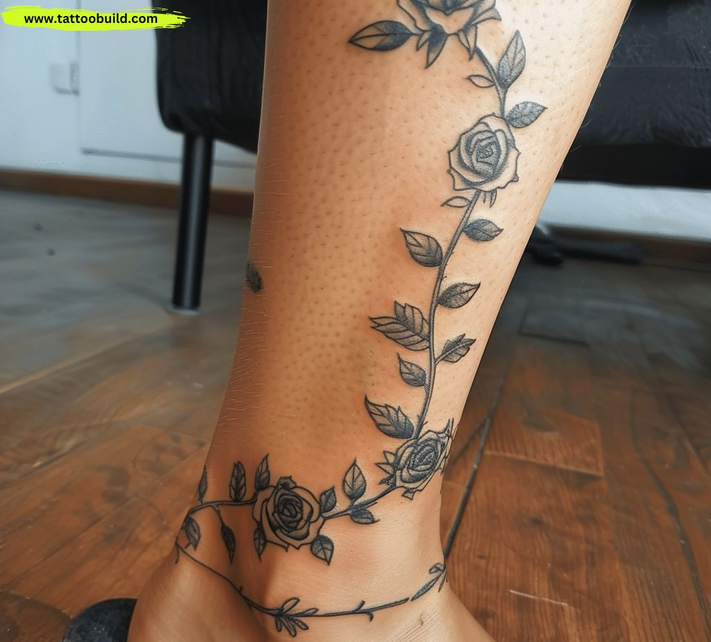rose vine flower ankle tattoos
