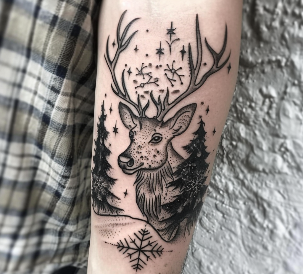 reindeer black and white christmas tattoo