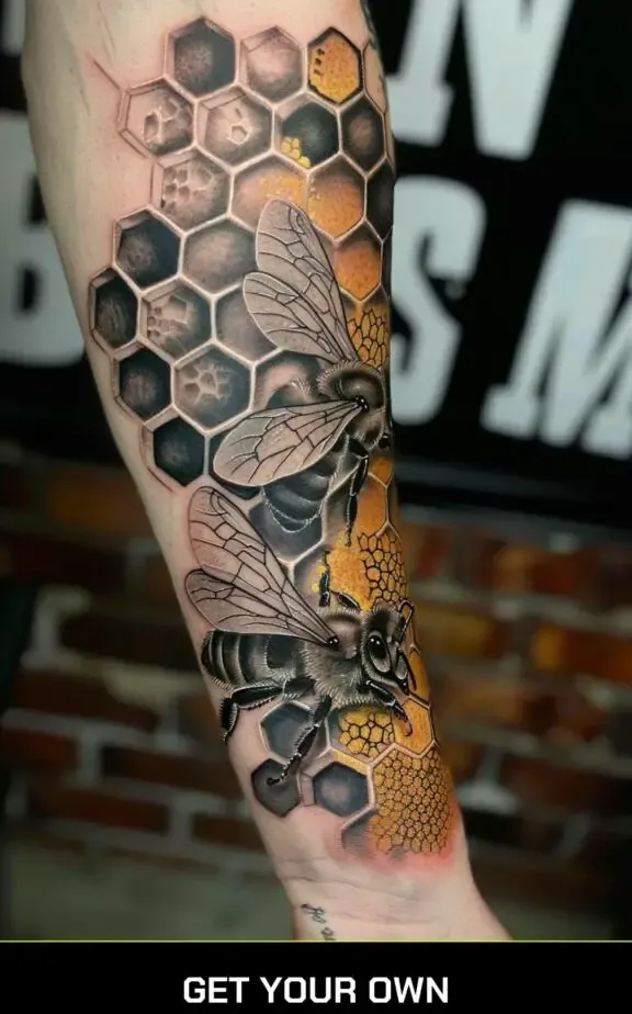 realistic bee and honey comb tattoo