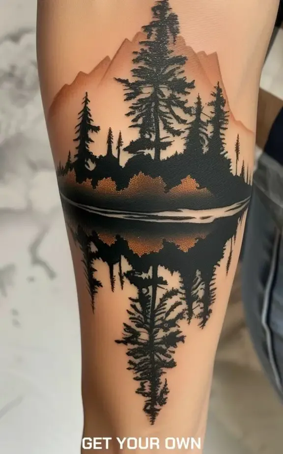 camping tattoo idea: mountain and forest tattoo