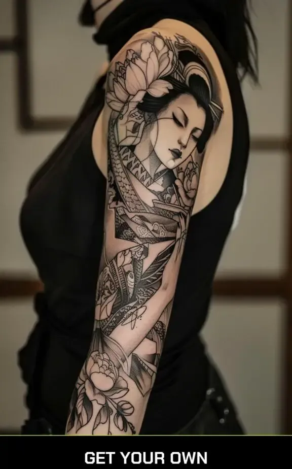 geisha sleeve blackwork tattoo