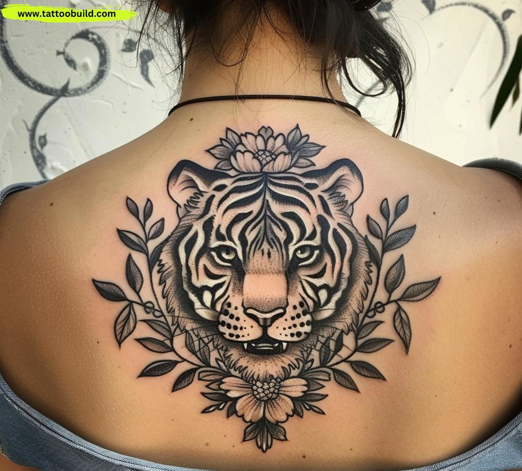 black and gray traditional tiger tattoo on the back of a women